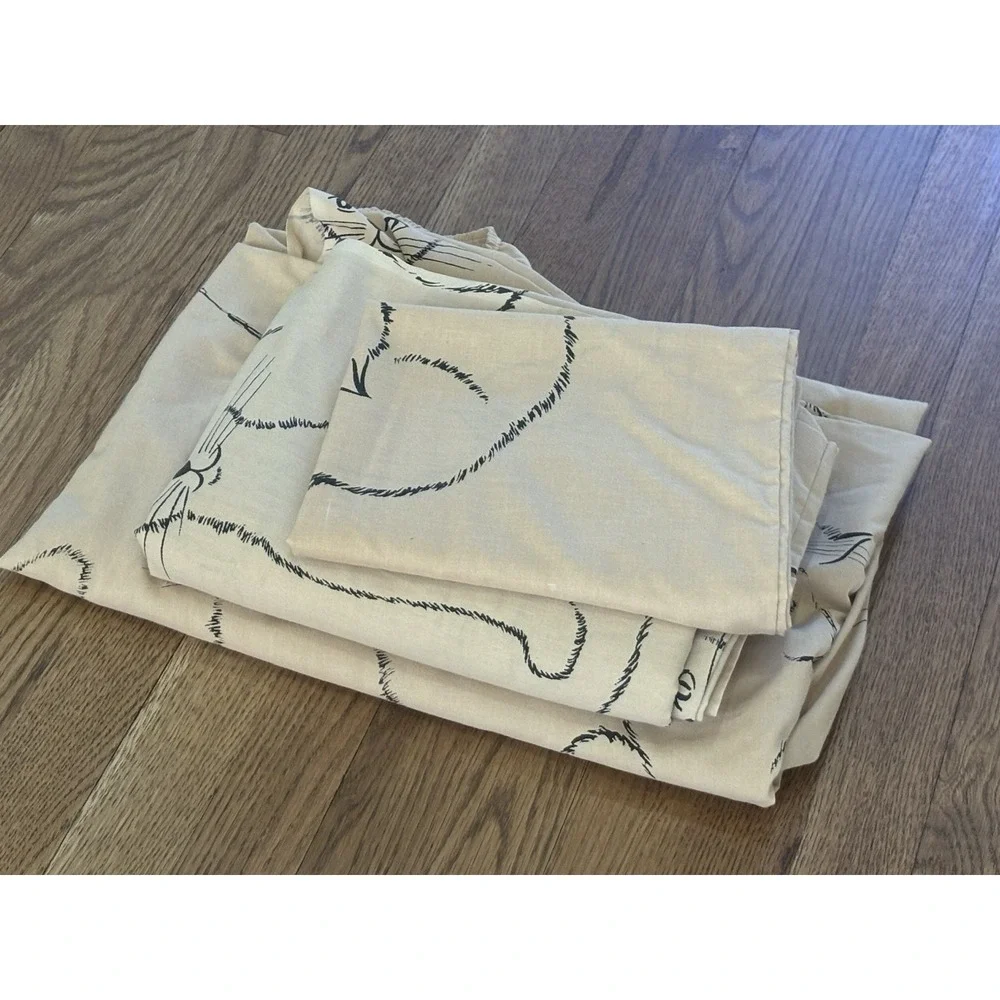 Vtg Alex West MCM CAT WHISPURR 3 Pc Double Sheet Set Fitted Flat Pillowcase READ